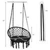 Cushioned black hammock swing chair with inclined backrest and tassels, suitable for indoor or outdoor relaxation.