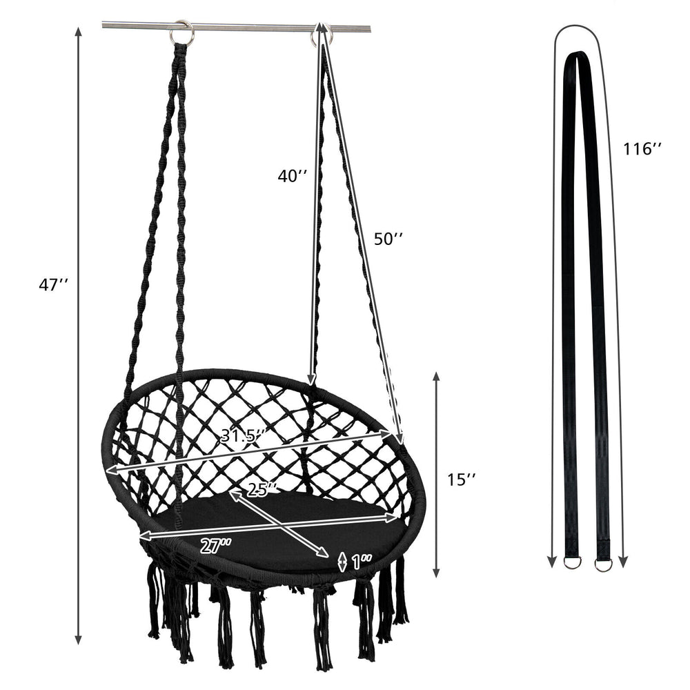 Cushioned black hammock swing chair with inclined backrest and tassels, suitable for indoor or outdoor relaxation.