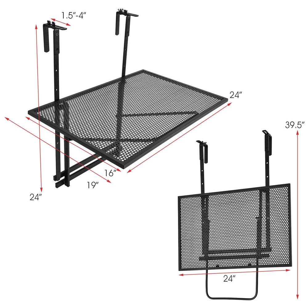 Railing folding table with adjustable heights, made of durable iron, ideal for balcony use and space-saving.