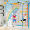 Kids climbing on the 7-in-1 indoor gym playground with monkey bars and rope wall, designed for solid wall installation.