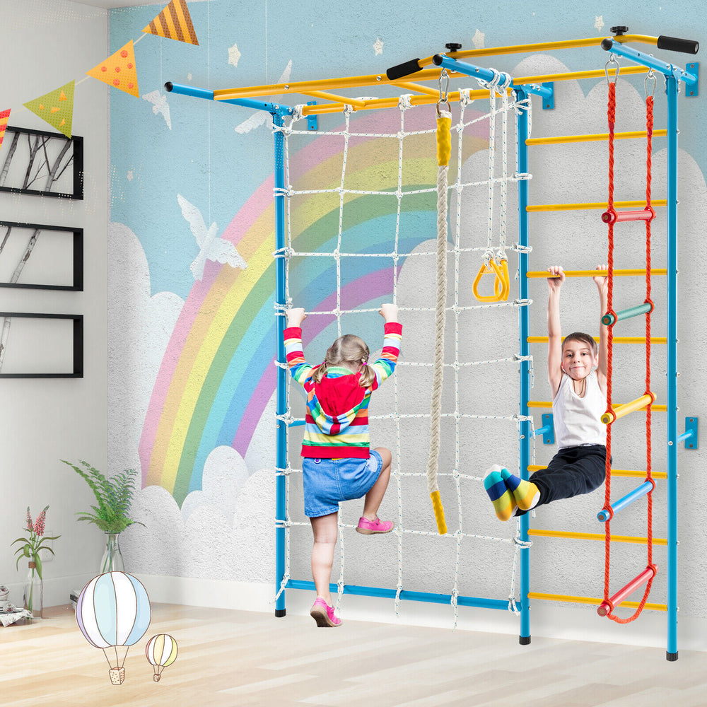 Kids climbing on the 7-in-1 indoor gym playground with monkey bars and rope wall, designed for solid wall installation.
