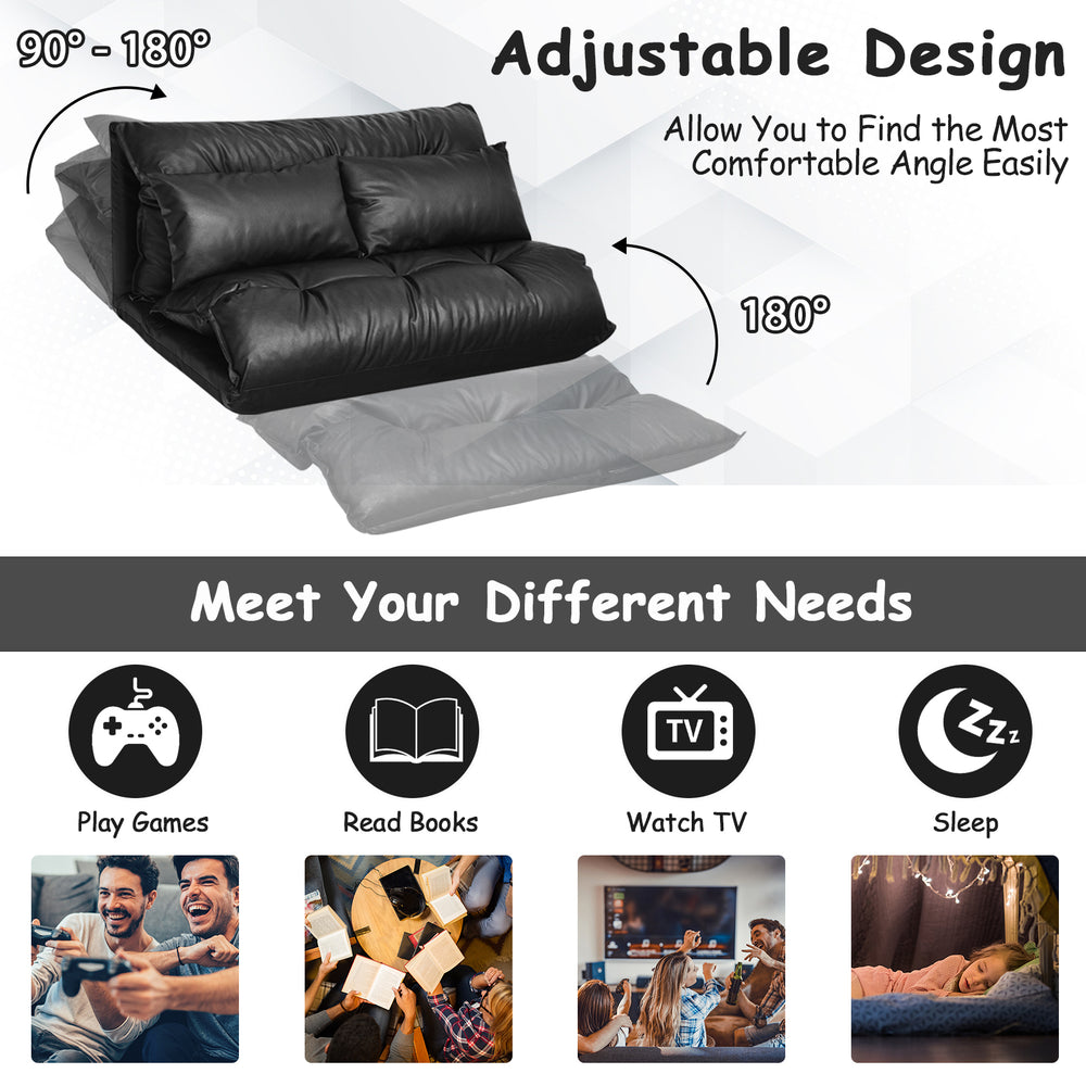 Foldable PU leather leisure floor sofa bed in black with adjustable backrest, ideal for reading, relaxing, or sleeping.