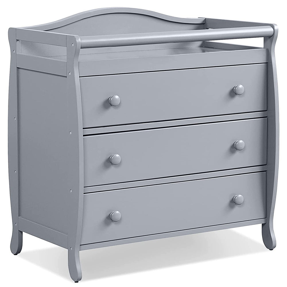 Gray baby changing table with three drawers, safety belt, and wide top for convenient diaper changing and storage.