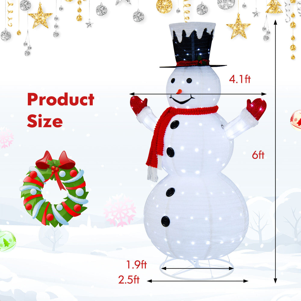 Lighted 6-foot snowman with top hat and red scarf, featuring 200 LED lights for festive outdoor decoration.