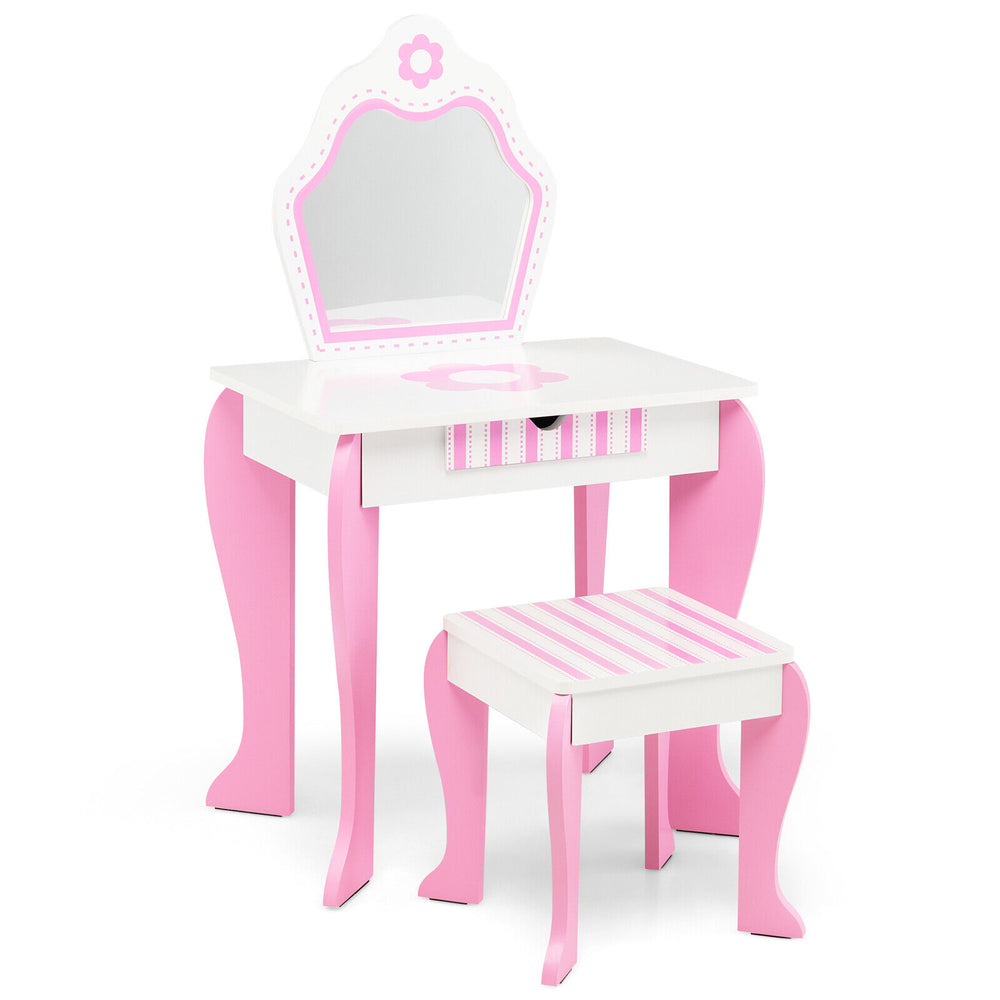 Toddler vanity set in pink and white with detachable mirror, drawer for storage, and cute flower patterns for kids.