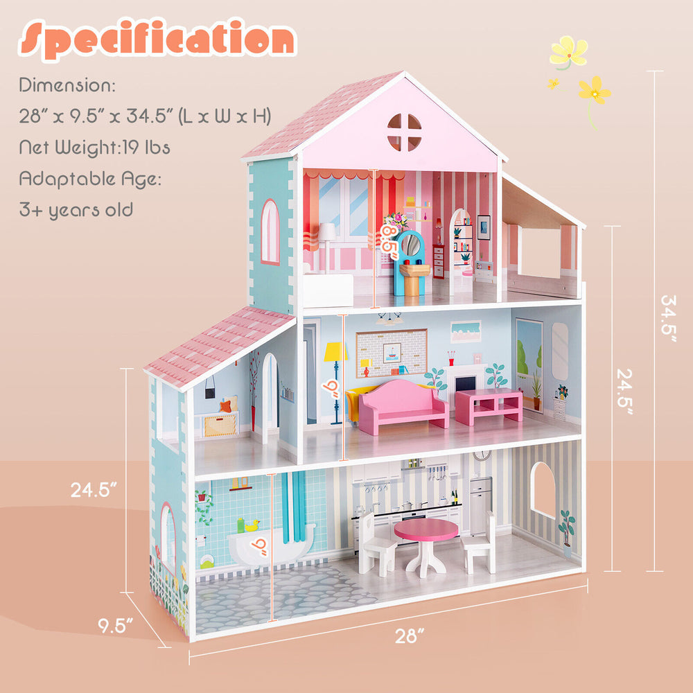 3-tier toddler dollhouse with 6 rooms and 8 furniture pieces, designed for kids aged 3 and up, featuring colorful.