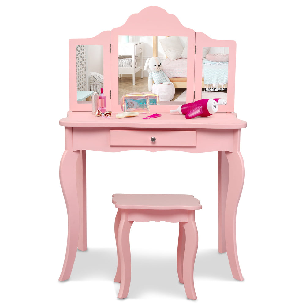 Kids pink makeup vanity table set with tri-folding mirrors and a stool, perfect for beauty and organization in any room.