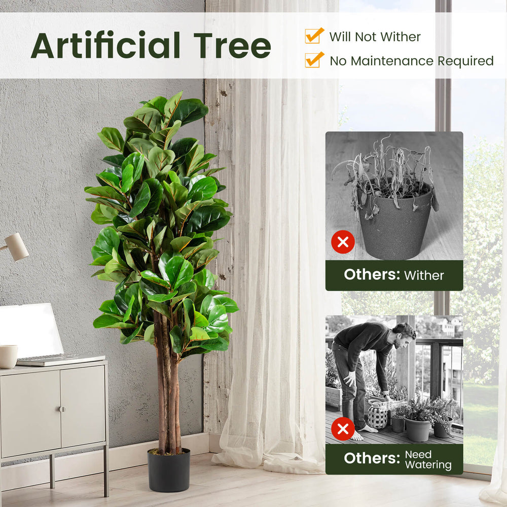 5-foot artificial fiddle leaf fig tree with realistic leaves and trunks, perfect for indoor or outdoor decoration.