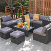 8-piece gray patio rattan furniture set with soft cushions, tempered glass table, and storage ottomans for outdoor.