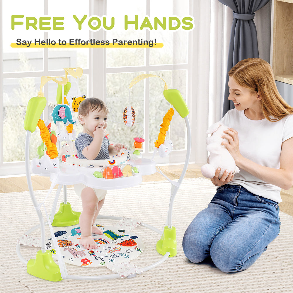 Height adjustable baby bouncing saucer in yellow with interactive toys, designed for fun and stability during playtime.