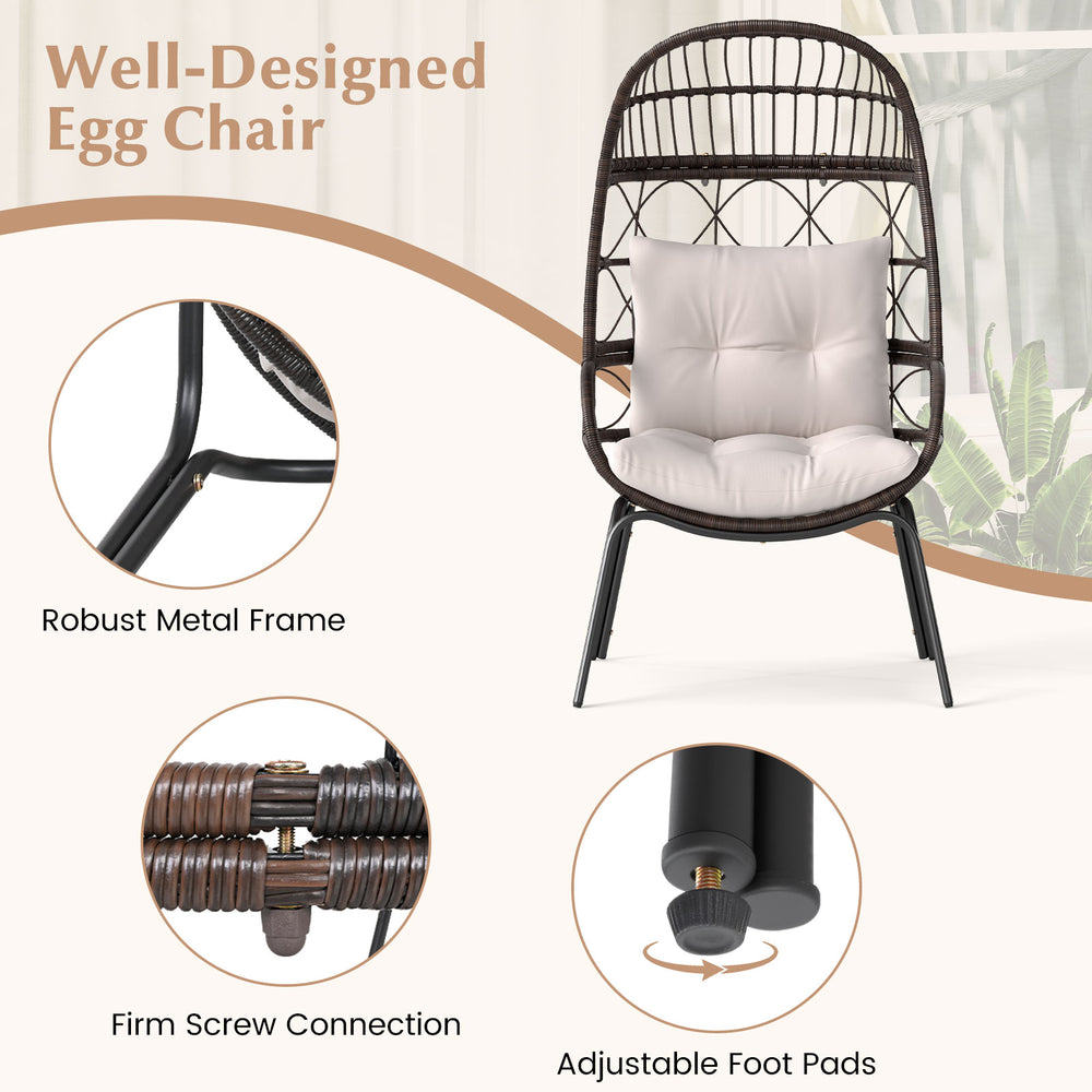 Brown patio wicker egg chair with soft cushions, sturdy metal frame, and adjustable foot pads for outdoor relaxation.