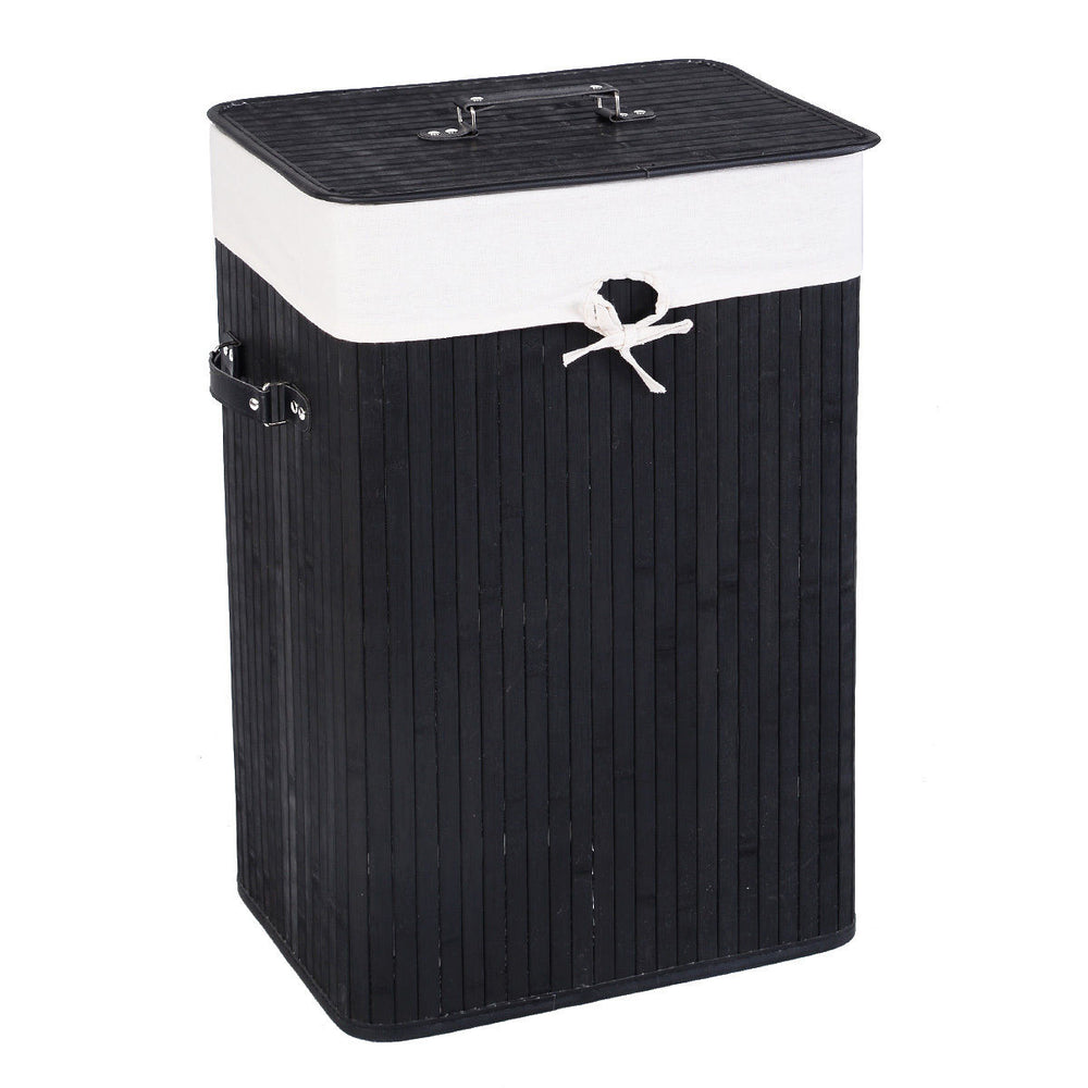 Rectangle bamboo laundry hamper in black with lid, featuring PU handles and detachable cotton inner pocket for easy.