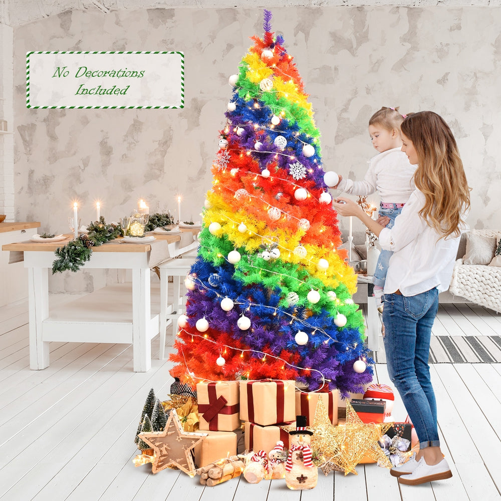 7 feet tall rainbow Christmas tree with 1213 colorful branch tips, ideal for indoor or outdoor holiday decoration.