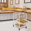 Aluminum rolling bakery pan rack with 10 tiers, sturdy design, and wheels for easy mobility in a bakery setting.