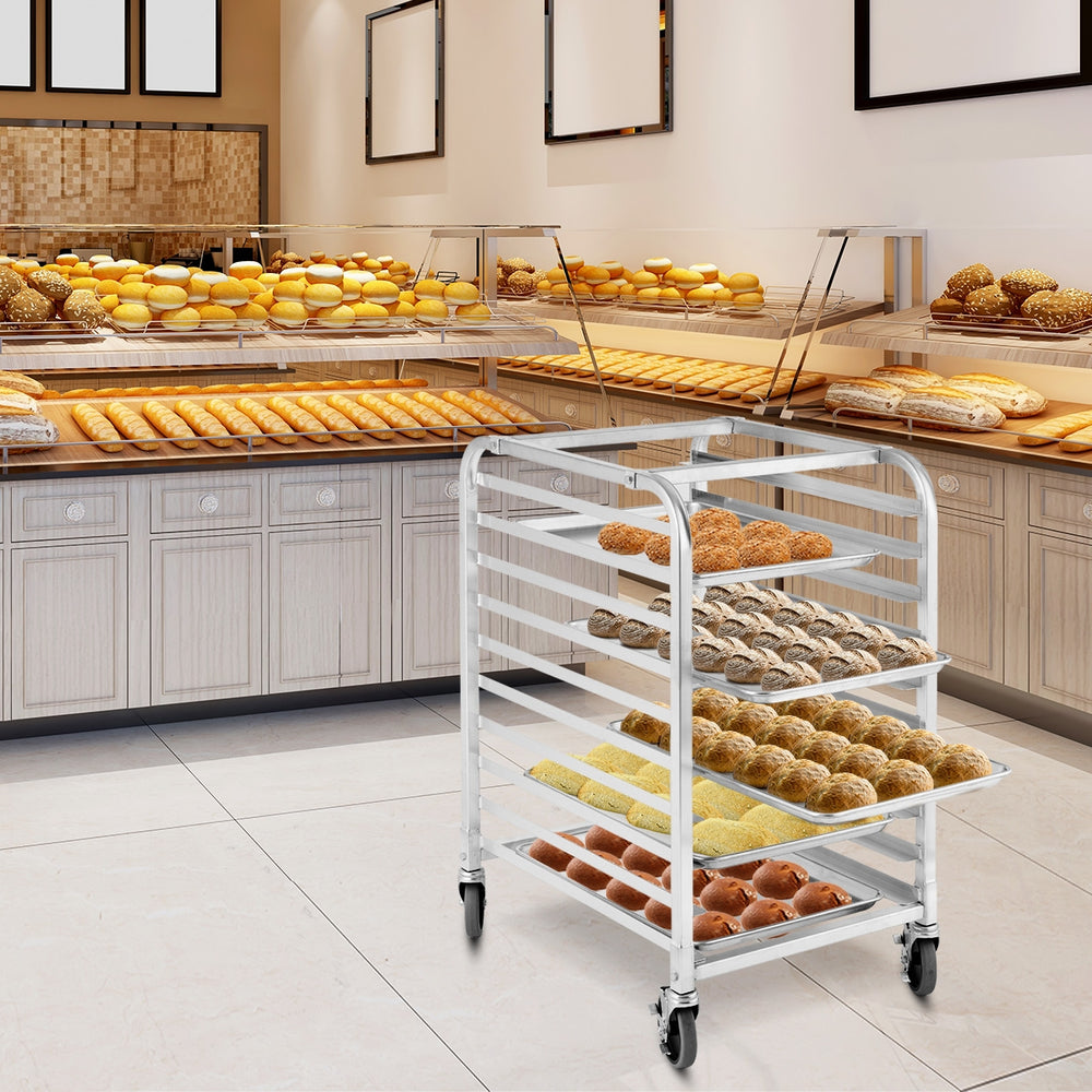 Aluminum rolling bakery pan rack with 10 tiers, sturdy design, and wheels for easy mobility in a bakery setting.