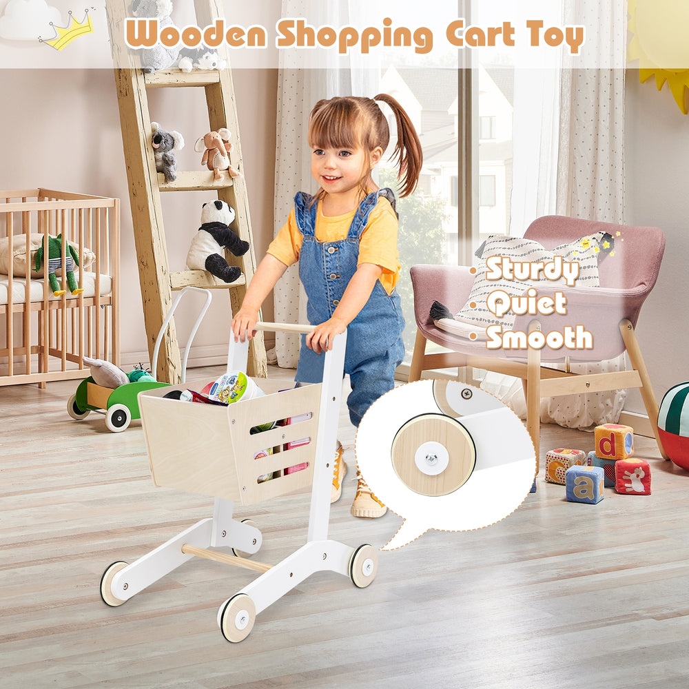 Wooden shopping cart toy with sturdy design, smooth rolling wheels, and large inner space for imaginative play.