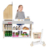 Grocery store playset with checkout counter, shopping cart, and accessories for imaginative pretend play.