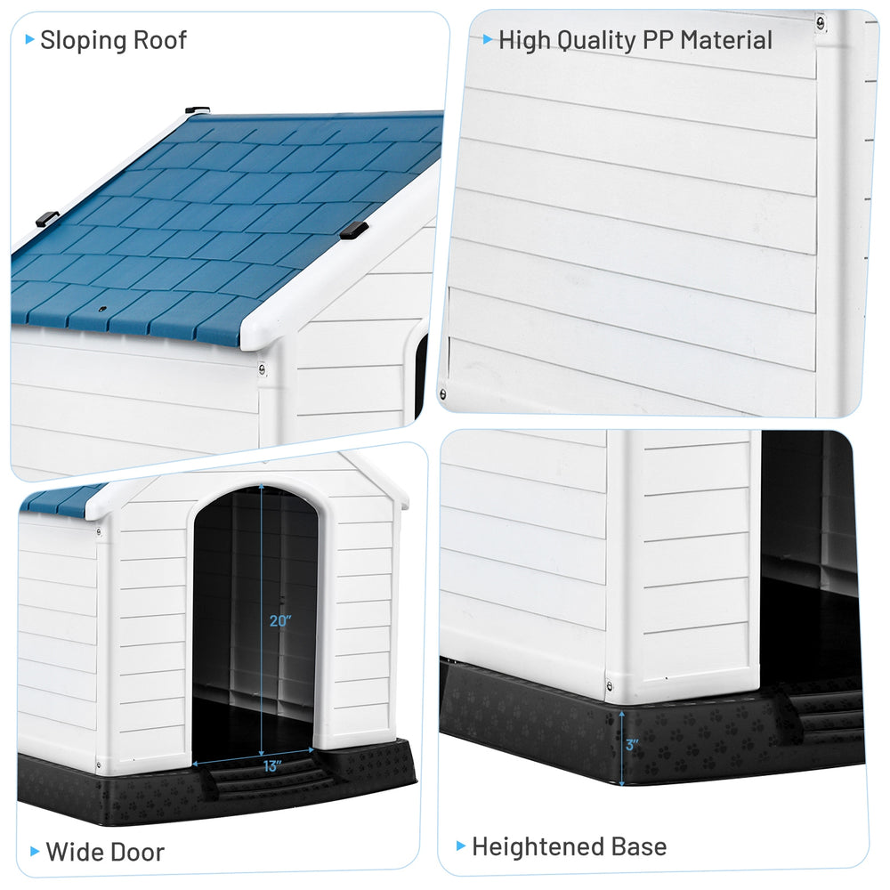 Plastic waterproof pet puppy house with sloping roof, wide door, and heightened base for outdoor comfort and protection.