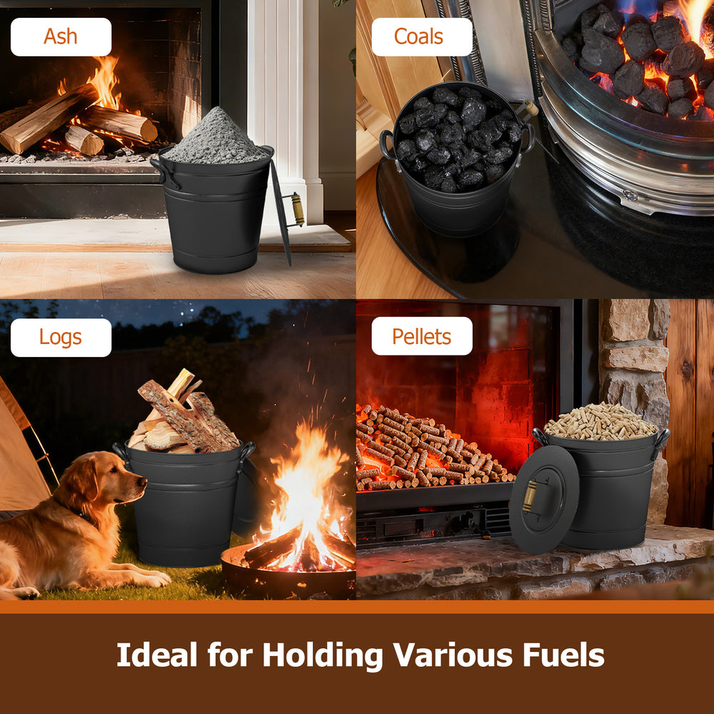 2.9-gallon metal coal ash can with wooden lid, ideal for storing ash, logs, and pellets for fireplaces and fire pits.