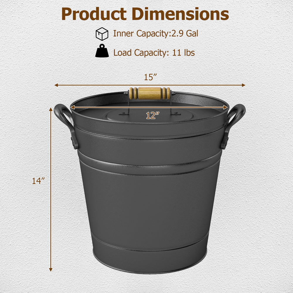 2.9-gallon metal coal ash can with wooden lid and side grips, featuring a rust-proof design for fireplaces and fire.