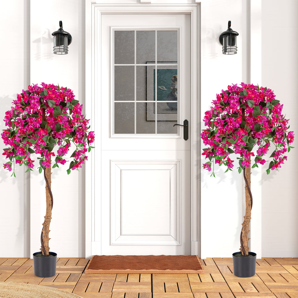 Set of 2 4.5 feet artificial azalea trees with red flowers in cement pots, perfect for indoor decoration.