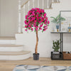 Artificial azalea tree with red flowers and real wood trunk in a cement pot, perfect for indoor decoration.
