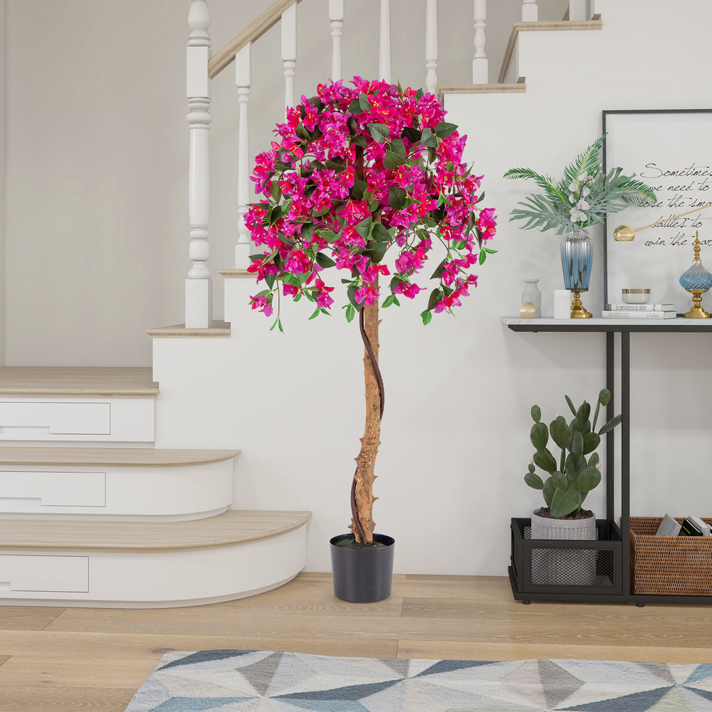 Artificial azalea tree with red flowers and real wood trunk in a cement pot, perfect for indoor decoration.