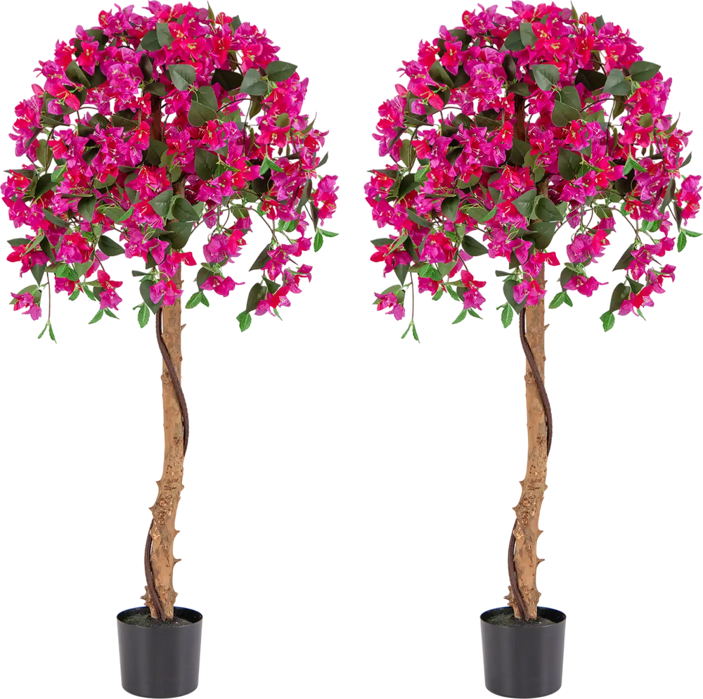 Set of 2 artificial azalea trees, 4.5 feet tall, with vibrant red flowers and sturdy cement pots for indoor decoration.