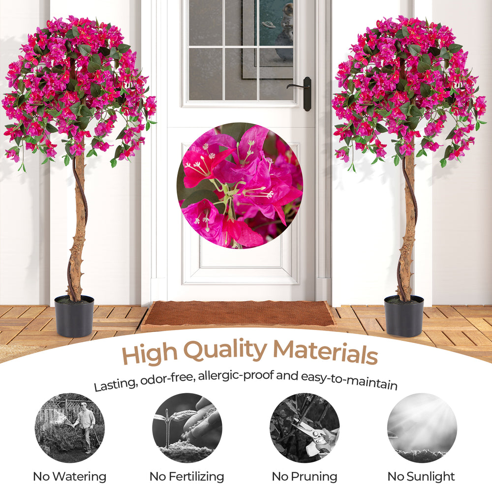 Set of 2 4.5 feet artificial azalea trees with red flowers in cement pots, perfect for low-maintenance indoor decor.