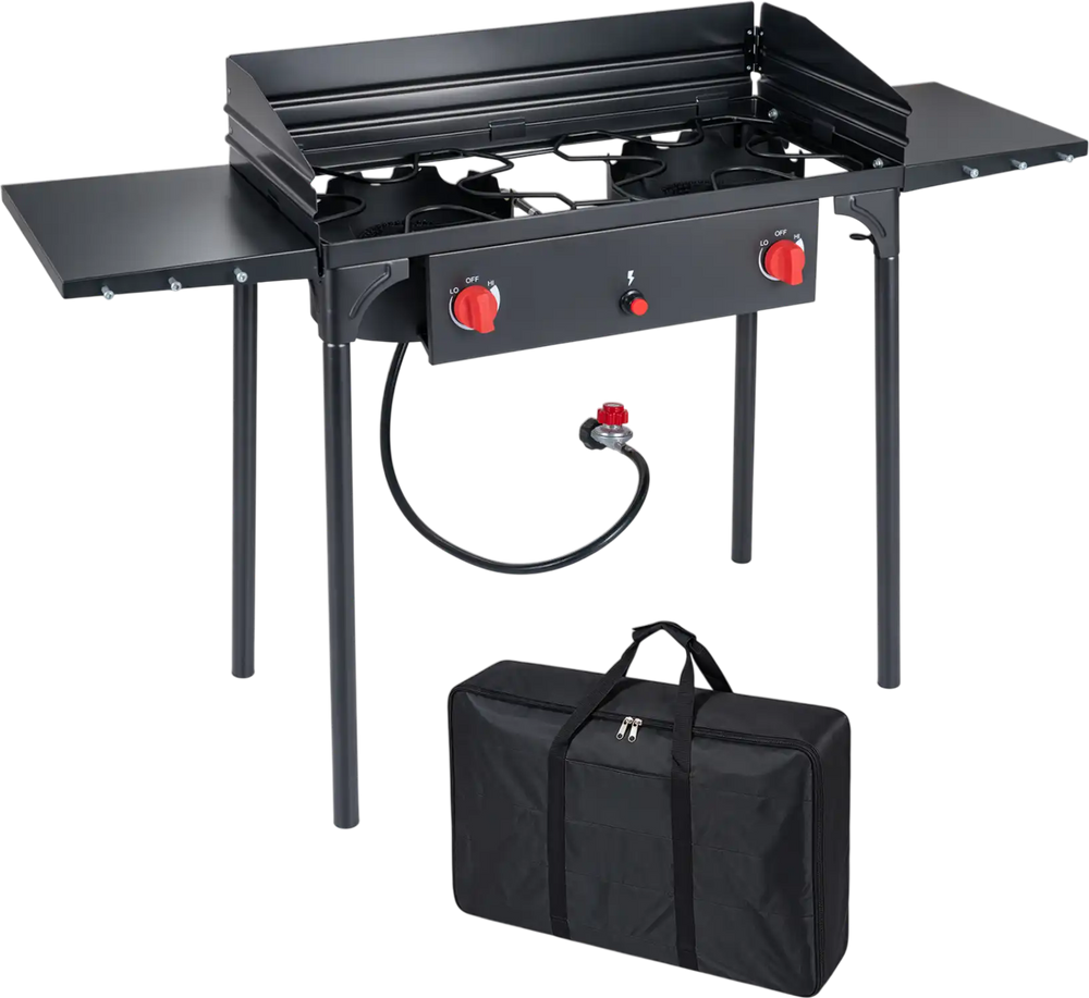 2 Burner Propane Gas Stove with adjustable flame control and wind shield, perfect for outdoor BBQ and camping.