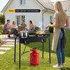 Two-burner propane stove with adjustable regulator and hose, perfect for outdoor cooking, camping, and family meals.