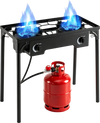 Two-burner propane stove with adjustable regulator and hose, delivering 160,000 BTU for outdoor cooking and camping.