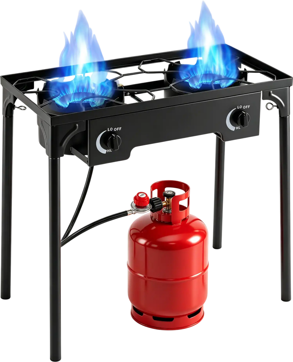 Two-burner propane stove with adjustable regulator and hose, delivering 160,000 BTU for outdoor cooking and camping.