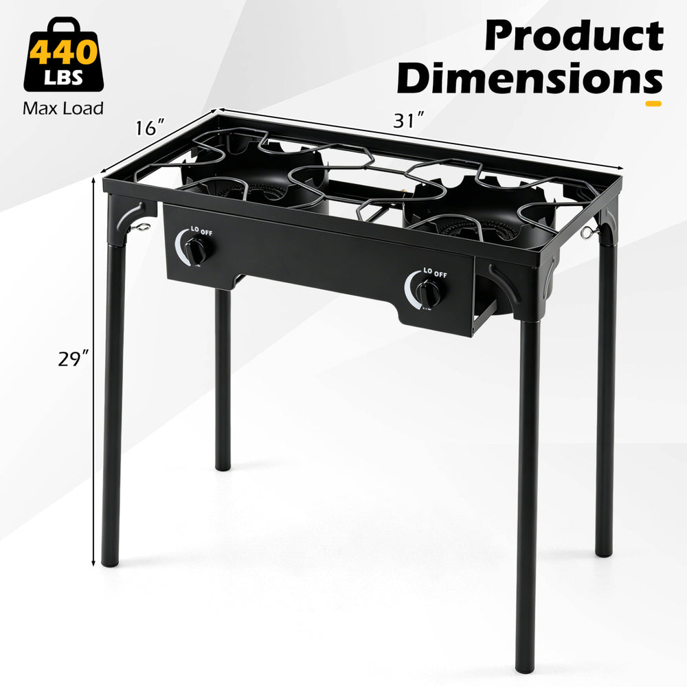 2 Burner Propane Stove in black features adjustable regulator and hose, ideal for camping and outdoor cooking.