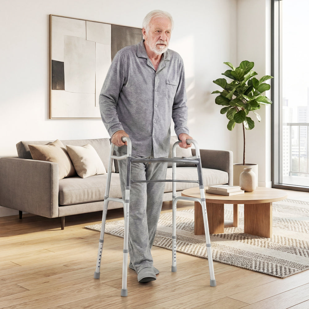 Lightweight 2-button folding walker with adjustable height, featuring a sturdy aluminum frame for safe indoor use.
