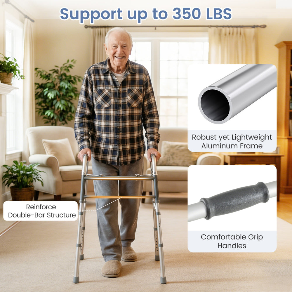 Lightweight 2-button folding walker with adjustable height, robust aluminum frame, and comfortable grip handles for.