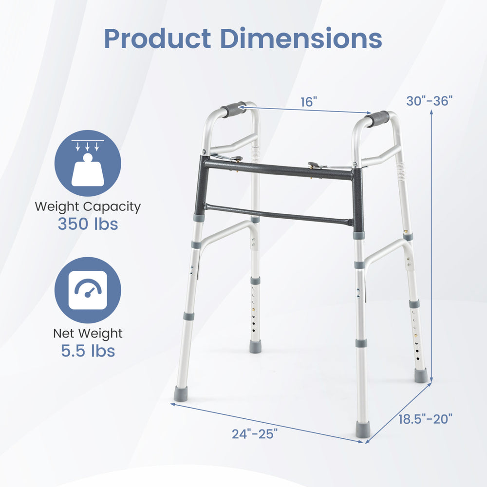 Lightweight 2-button folding walker with adjustable height, supports 350 lbs, ideal for safe and stable walking.