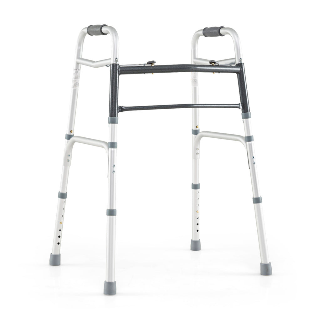 Lightweight 2-button folding walker with adjustable height, sturdy aluminum frame, and non-slip rubber foot pads for.