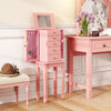 Pink standing jewelry cabinet with mirror, featuring 5 drawers, 8 necklace hooks, and spacious storage for organized.