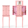 Pink jewelry cabinet with 5 drawers, 8 hooks, and a mirror, offering organized storage for necklaces and accessories.