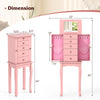 Pink jewelry cabinet with 5 drawers, 2 side compartments, and a mirror, ideal for organized storage and easy access.