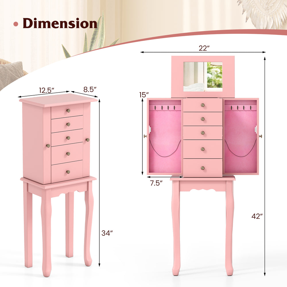 Pink jewelry cabinet with 5 drawers, 2 side compartments, and a mirror, ideal for organized storage and easy access.