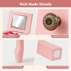 Close-up of the pink jewelry cabinet's top flip mirror, solid pine wood legs, and exquisite handle details.