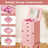 Pink jewelry cabinet with mirror, featuring 5 drawers, 2 side compartments, and 8 necklace hooks for organized storage.