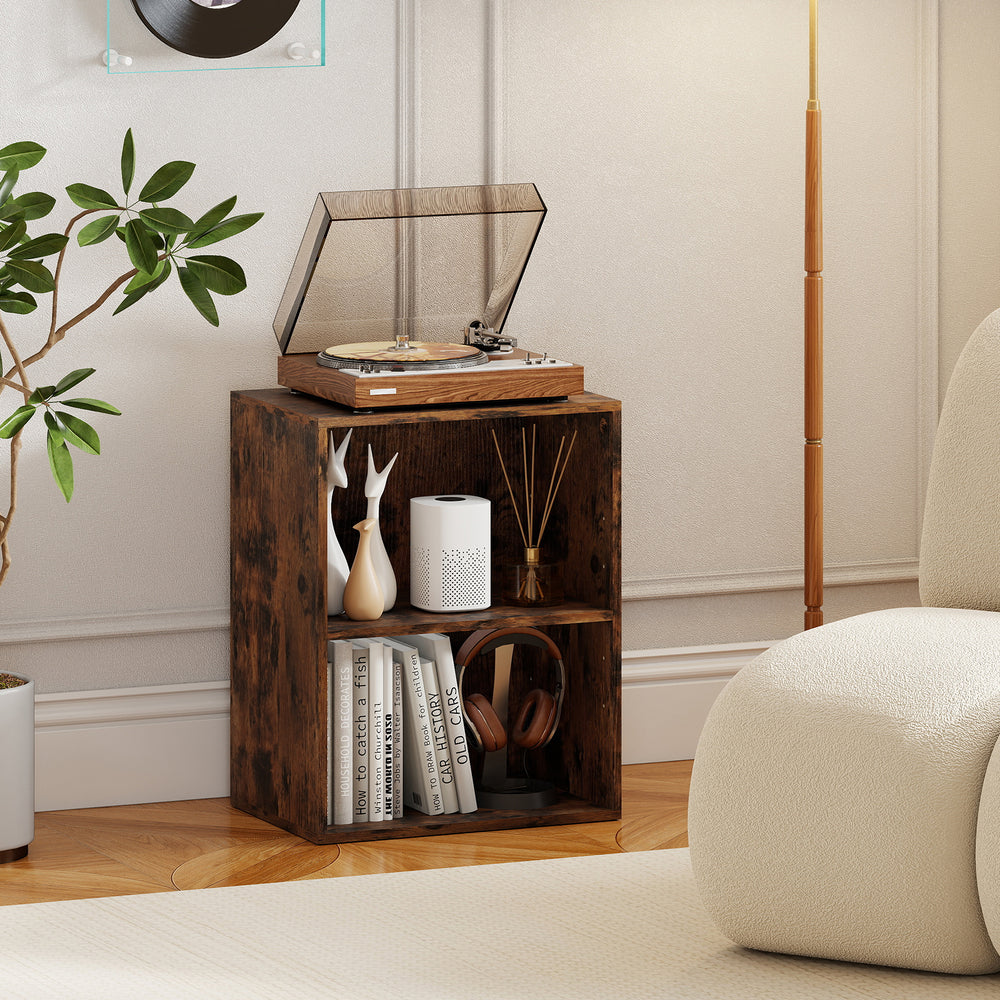 2-cube open bookshelf in brown with adjustable shelves, ideal for organizing books and decorations in any room.