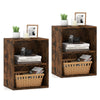 Set of 2 brown floor-standing cube bookshelves with adjustable shelves for organizing books and decorations.