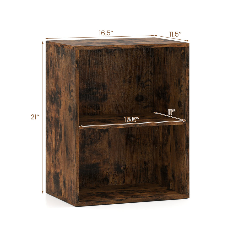 Brown 2-cube bookcase with adjustable shelf, perfect for organizing books and decorations in any space.