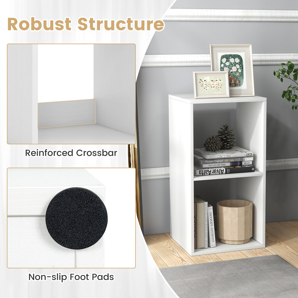 Close-up of the reinforced crossbar and non-slip foot pads on the white 2-cube bookshelf for added stability.