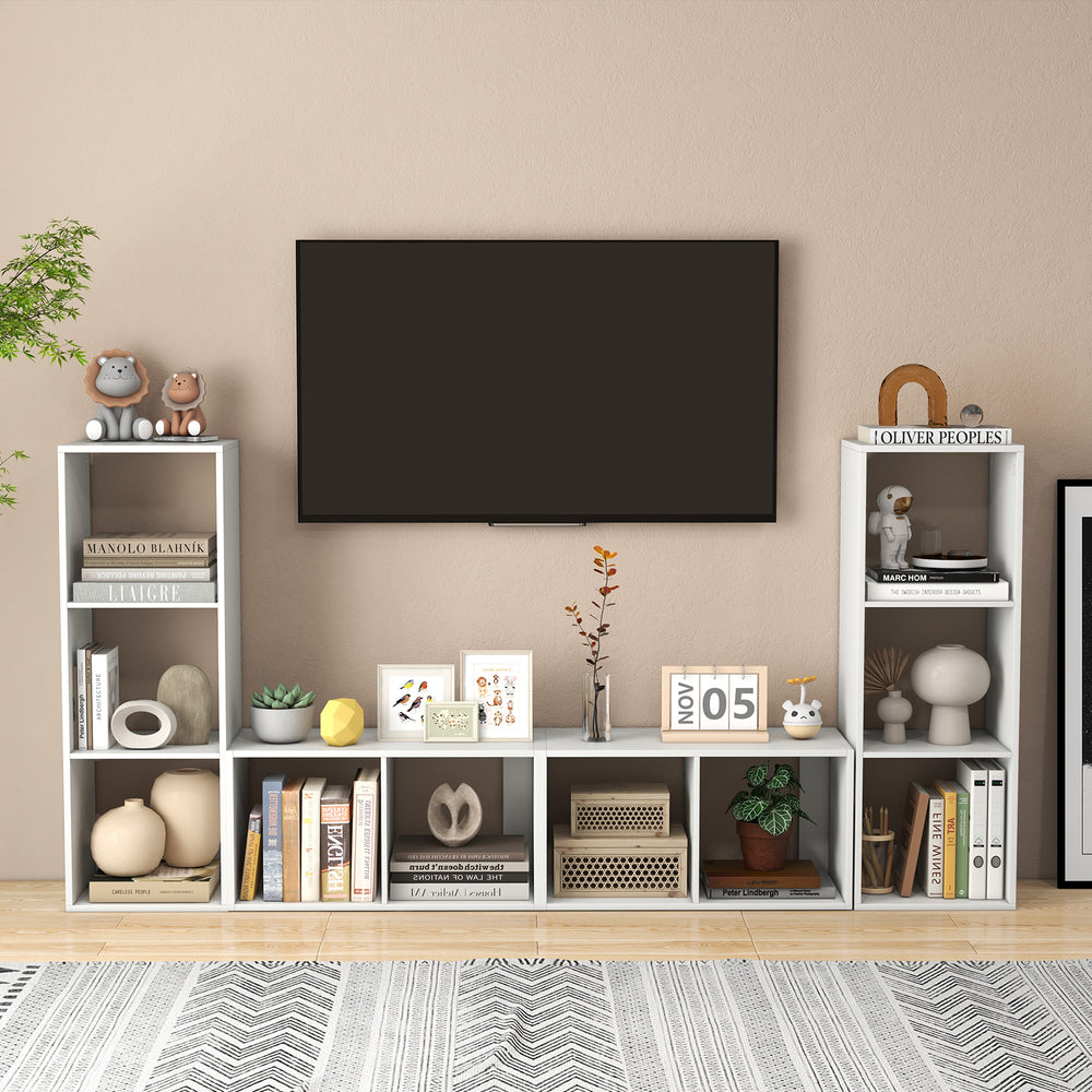 2-cube bookshelf in white with back guardrail, featuring ample storage for books and decor in a stylish living room.