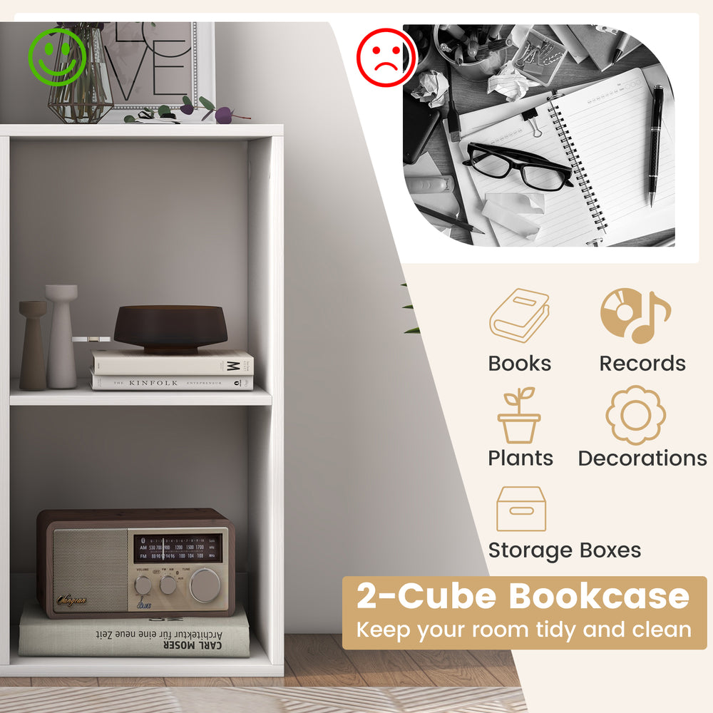 2-cube bookshelf in white with back guardrail, ideal for books and storage, designed for stability and elegance.